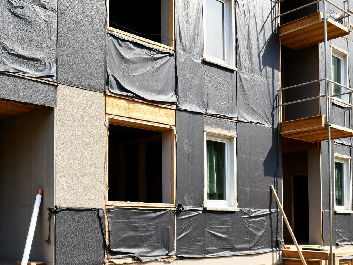 Multi-unit San Diego apartment building with exposed lath and tar paper before stucco