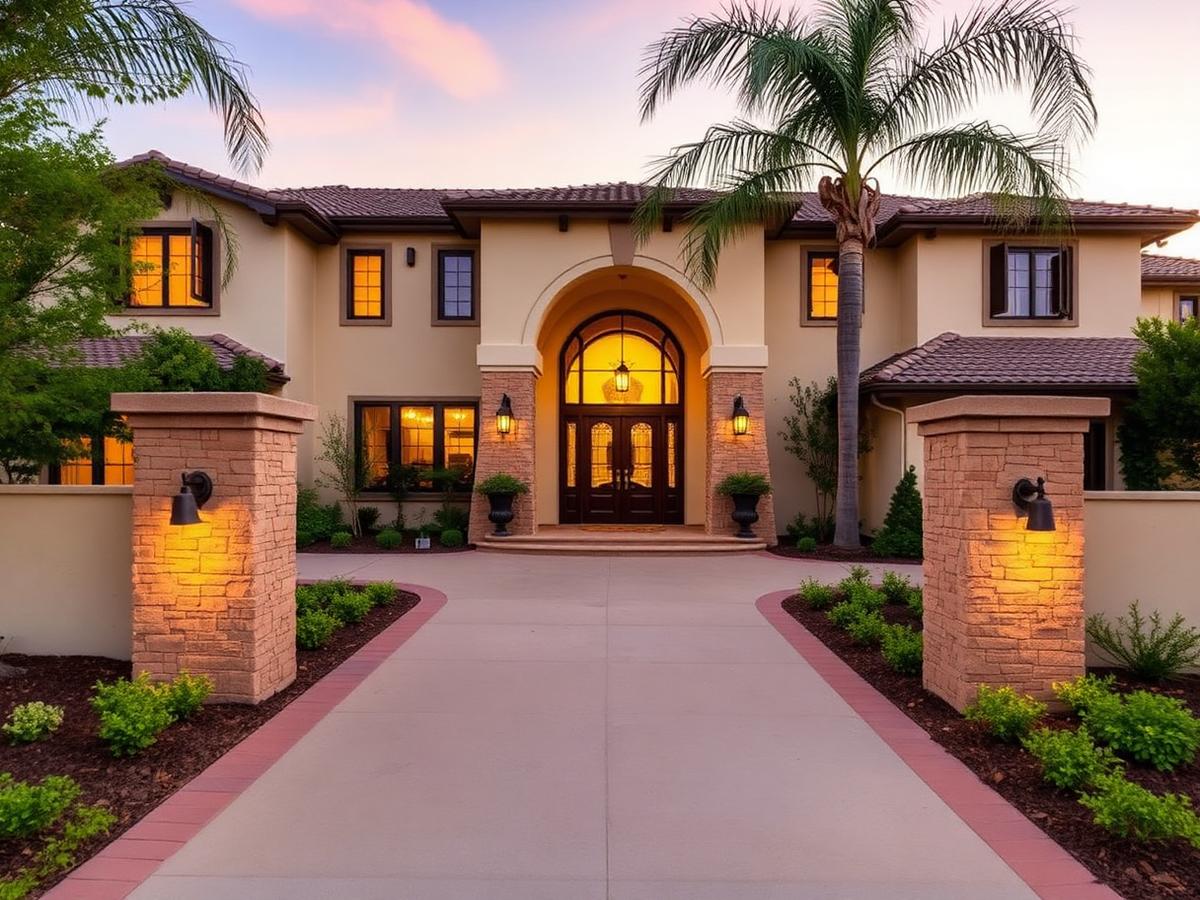 Same home with cat face stucco finish and stone veneer pillar entry