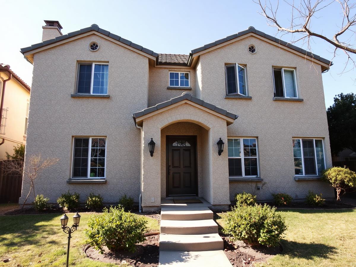Large San Diego home with dated heavy lace stucco texture before remodel