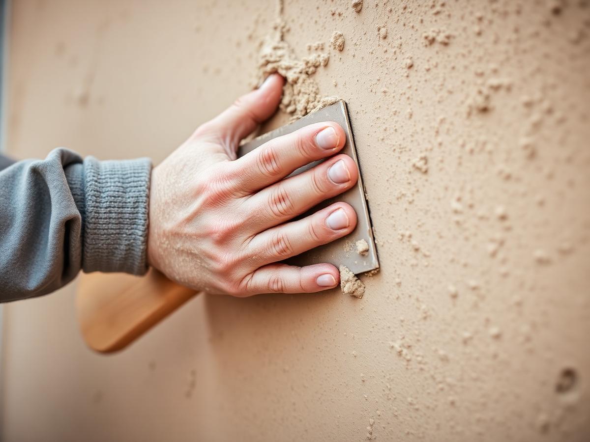 Close-up of San Diego plasterer applying float-finish stucco texture